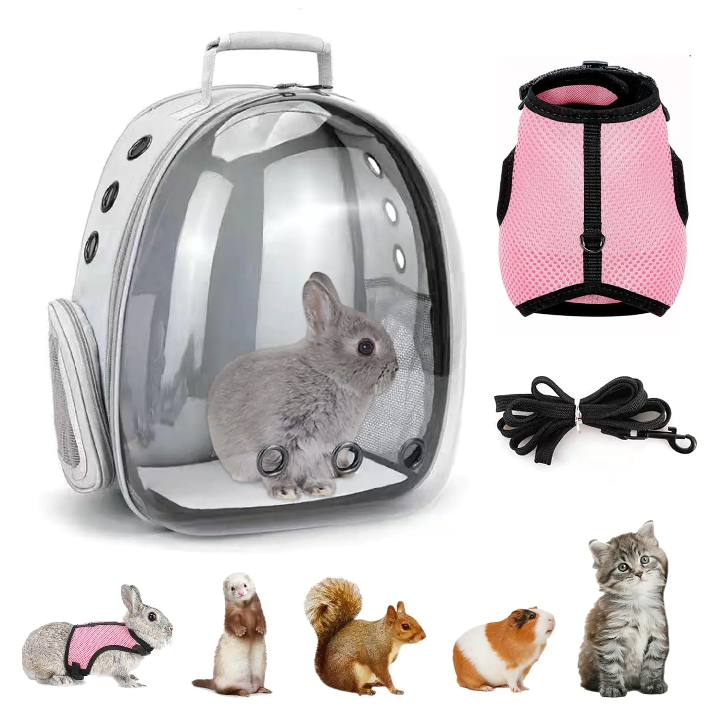 CUTENNIOU Small Pet Carrier Backpack Rabbit Carrier with Harness Vest Stretchy Elastic Leash Large Breathable Pet Carrier Airline Approved for Bunny Guinea Pig Ferret Hedgehog Kitten Travel Walking