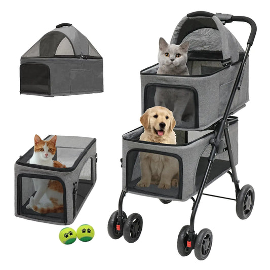 MKSY Double pet Stroller with Two Detachable pet Carriers， 4 Lockable Wheels ，Folding Dog Stroller for Small Medium Dogs Cats，Grey