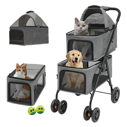 MKSY Double pet Stroller with Two Detachable pet Carriers， 4 Lockable Wheels ，Folding Dog Stroller for Small Medium Dogs Cats，Grey